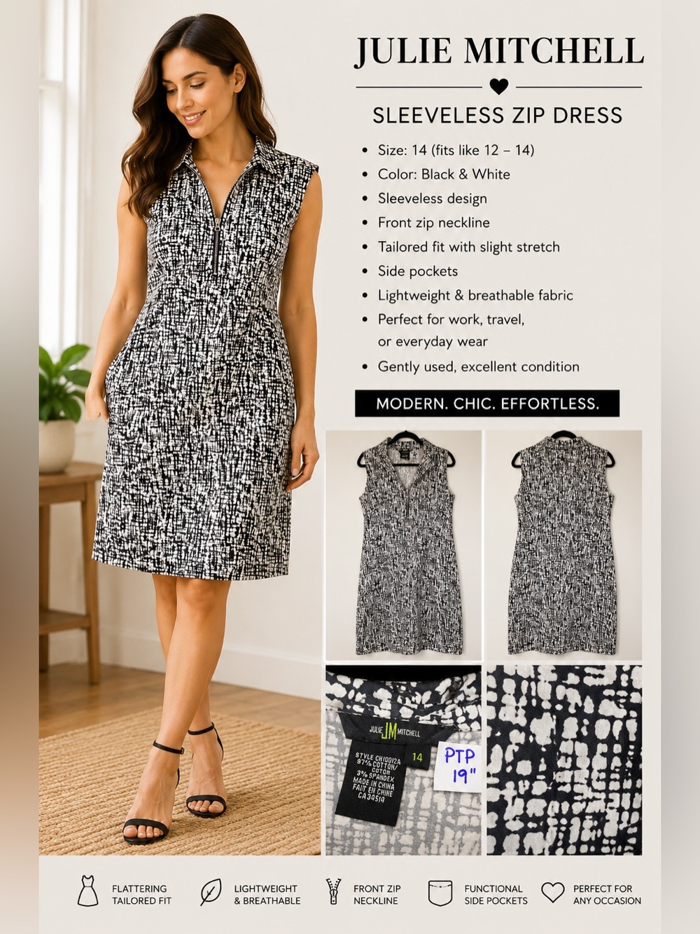 Black & White Sleeveless Zip Dress